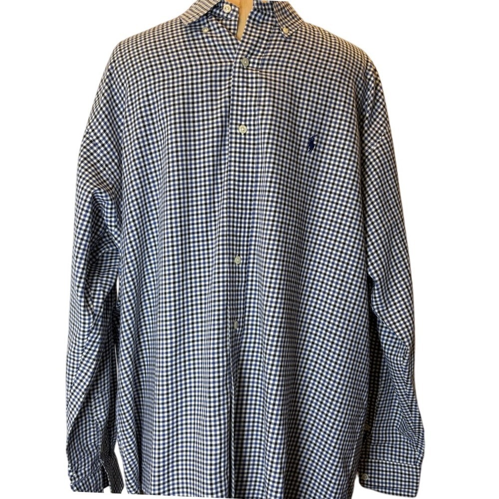 Ralph Lauren‎ Blake Mens Large Blue Gingham Check Cotton Button Down Shirt Navy